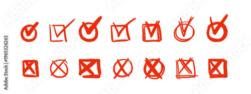 Hand drawn cross mark and red checkmark with crayon strokes. Vector tick and X icon in sketch style for highlighting correct and wrong choices in creative design. Scribble collection