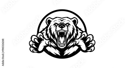 Aggressive Grizzly Bear Roaring with Claws Out, Circle Badge Logo