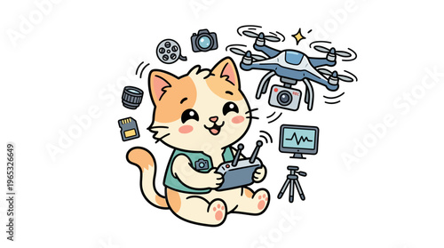 Cute Cat Controlling Drone and Photography Equipment