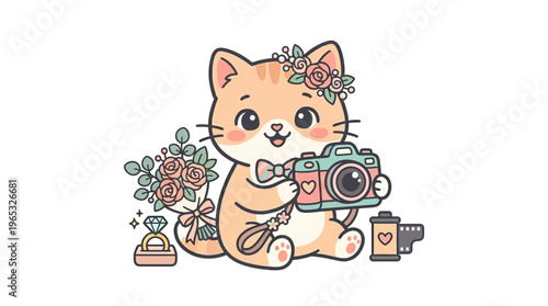 Cute Cat Photographer With Roses and Ring