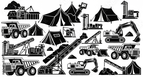 Mining Site Illustration - Heavy Equipment and Tents in Black and White.