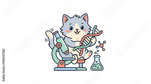 Cute Cartoon Cat Scientist with Microscope and DNA