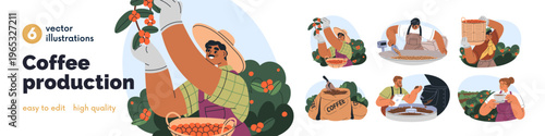 Coffee industry and production process. Set of beans in sacks, grinder machine at factory, workers cultivating, collecting berries on plantation. Flat vector illustration isolated on white background