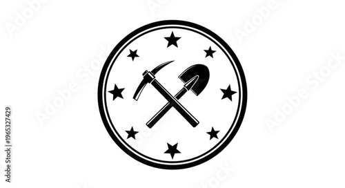 Mining Tools Emblem with Pickaxe and Shovel Surrounded by Stars.