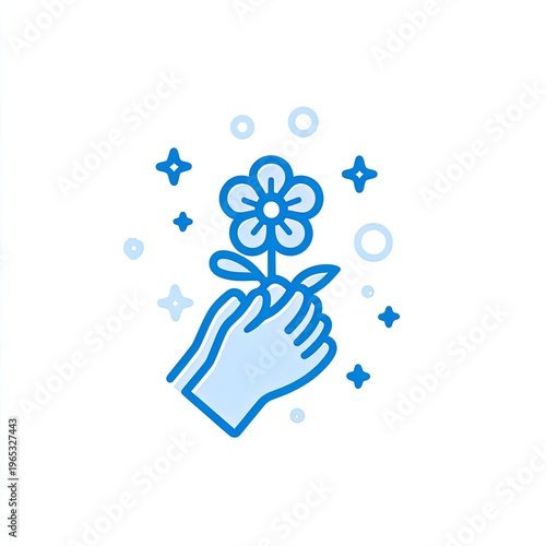 Hand holding a blue flower with sparkles and circles