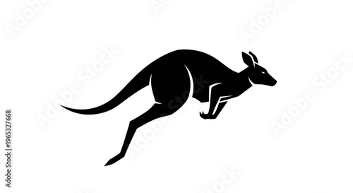 Black Kangaroo Silhouette Leaping On White Background, Australian Wildlife Icon