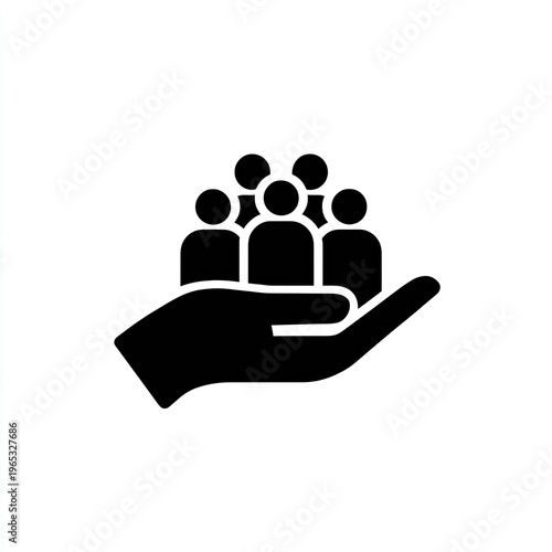 Hand holding a group of people, representing care and support