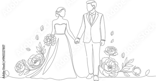 Continuous line art drawing depicts a bride and groom holding hands surrounded by beautiful floral elements