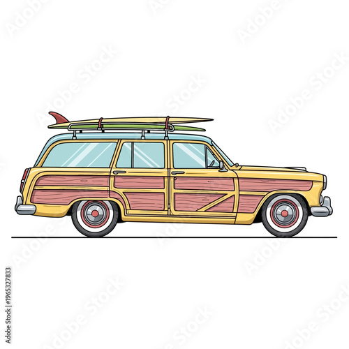 Retro woody station wagon car with surfboard on roof rack, vintage travel illustration