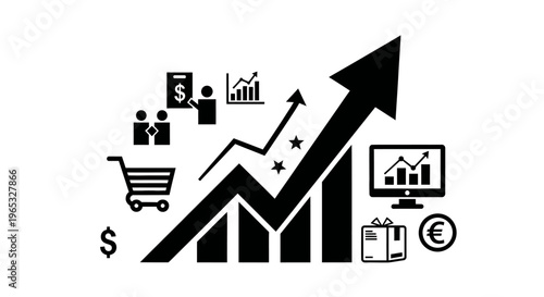 Business Growth Graph with Icons: Success, Finance, Shopping, Data Analysis