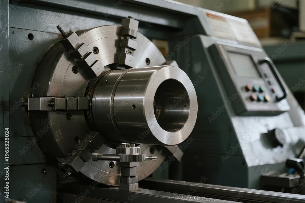 Obraz premium Close-up of a metal workpiece mounted on a lathe machine in an industrial setting