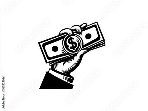 Hand holding cash and coin, depicted in grayscale