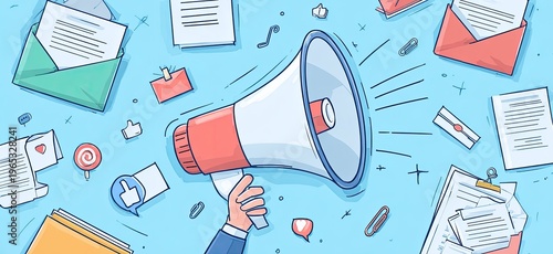 Hand holding megaphone with documents, envelopes, and social media icons in a flat illustration