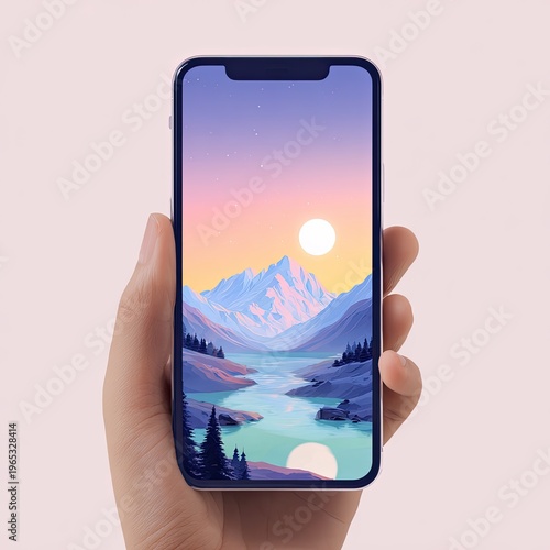 Hand holding smartphone with scenic landscape wallpaper of mountains and sunset