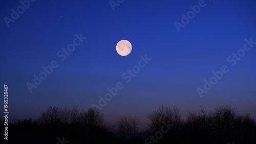 Full Moon, stars and planets above landscape silhouettes.