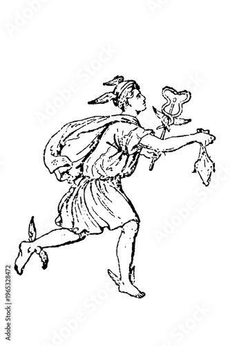 Mercury (Hermes), ancient sketch of a running winged figure in dynamic pose, winged sandals, caduceus, and flowing chlamys, classical style, old vintage illustration, 1897
