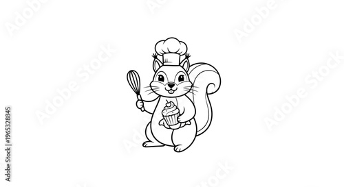 Cute cartoon chef squirrel holding cupcake and whisk, line art illustration
