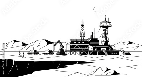Monochrome Illustration of a Futuristic Lunar Base with Towers.