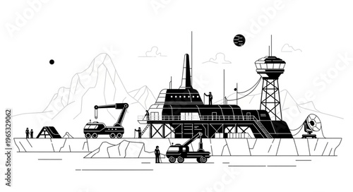 Monochrome Illustration of a Futuristic Lunar Base with Vehicles.