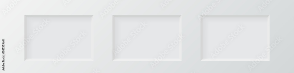 Obraz premium 3d wall niche. Empty white rectangle shelf. Rectangular horizontal inside frame. Display stand, showcase mockup. Showroom, gallery, studio or shop product presentation. Vector illustrations set.