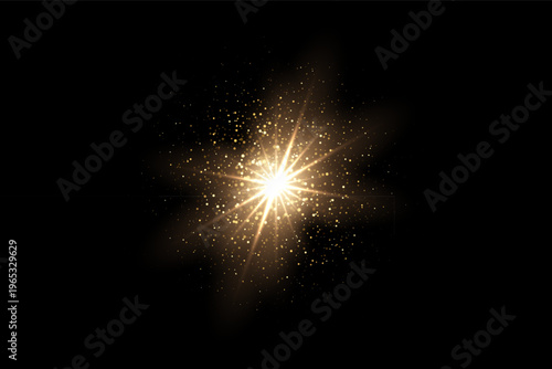 Light glare. Golden glowing flare with soft blurred rays on dark background. Bright warm light burst with smooth gradient illumination and radiant shine. Abstract luminous vector illustration.