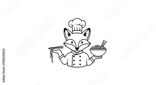 Cute Fox Chef Holding Noodles and Bowl, Whimsical Animal Character Design