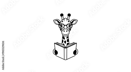 Cute Giraffe Reading Book with Glasses, Cartoon Character, Black and White