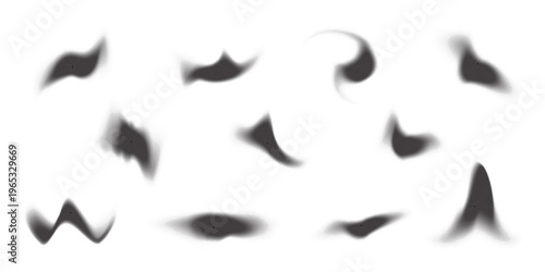 Halftone dust powder. Dust particles scatter. Black grain dots forming curved marks on light background. Dark chaotic powder texture shapes. Abstract vector illustration.