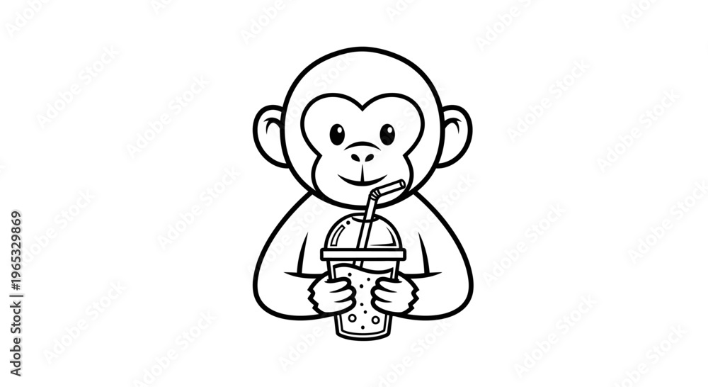 Fototapeta premium Cute Monkey Holding a Bubble Tea Drink
