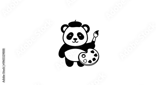 Cute Panda Artist with Beret, Paint Palette and Brush, Illustration