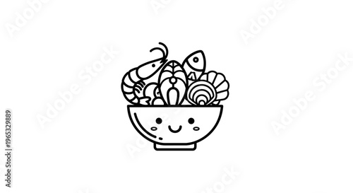 Cute Kawaii Seafood Bowl Line Art Illustration