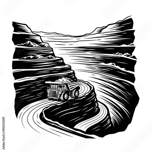 Monochrome Illustration of a Mining Dump Truck on a Winding Road.