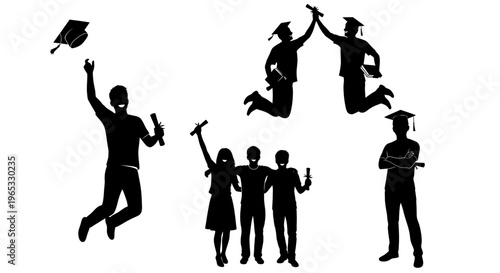 Graduation Celebration Silhouettes: Students Cheering with Diplomas and Caps