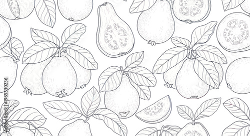 Guava Fruit and Leaves Sketch Pattern - Hand-drawn Vector Illustration