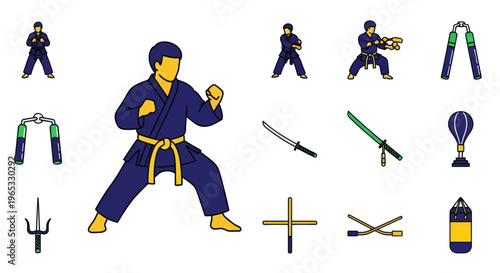 Martial Arts Fighter and Weapons Collection Vector Illustration