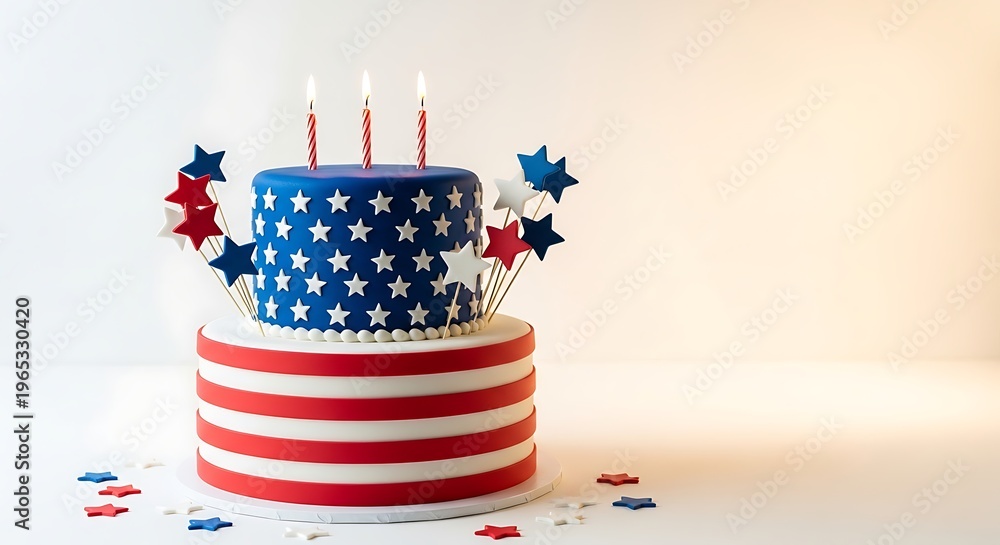Obraz premium Patriotic american birthday cake with stars and candles on white background