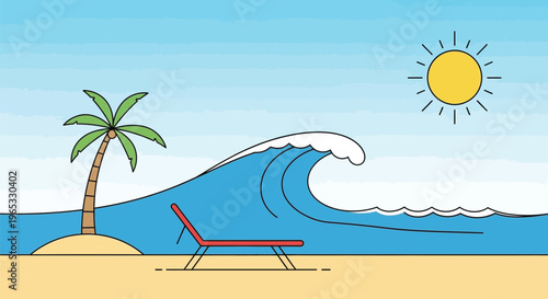 Vibrant minimalist flat design illustration portraying a serene tropical beach getaway with a palm tree, wave, and red lounge chair.