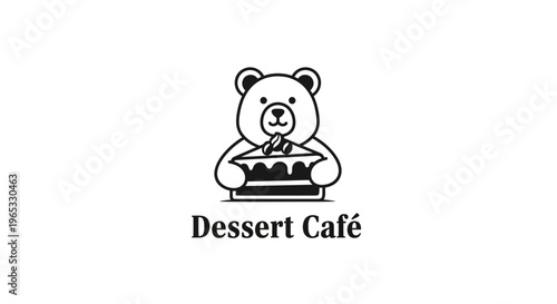 Cute Teddy Bear Eating Cake Logo - Dessert Cafe Icon