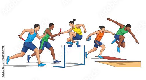 Athletes compete in track and field events: relay race, hurdles, and long jump.