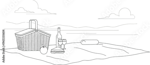 Simple line art drawing depicts an outdoor picnic setup featuring a woven basket with food and wine against a vast landscape backdrop.