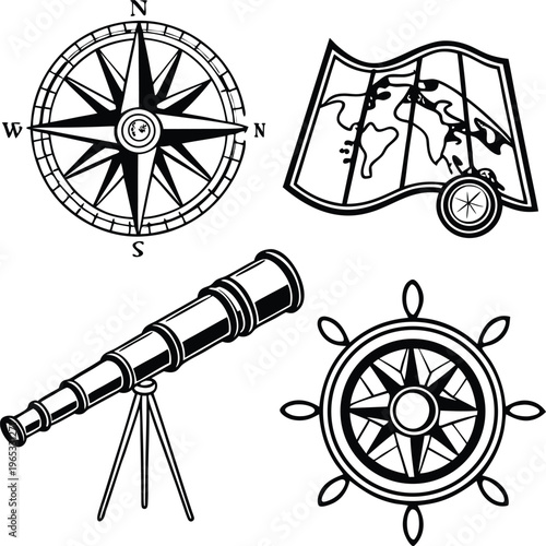Navigation icons, compass, world map, telescope, ship wheel, vintage nautical symbols