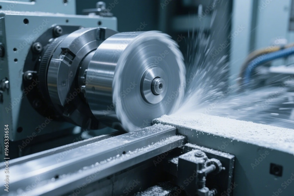 Fototapeta premium Industrial metalworking machine in operation, cutting metal with coolant spray