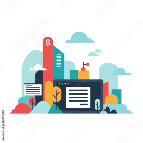 A stylized, minimalist illustration of a landscape with bold colors and simple shapes, conveying a sense of modernity and creativity.