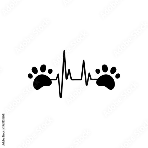A simple and clean minimalist logo featuring two paw prints connected by a heartbeat (ECG) line in the center. The design symbolizes the connection between pets and life, representing love, care, and 