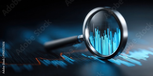Magnifying glass over glowing blue financial data charts and graphs on dark background