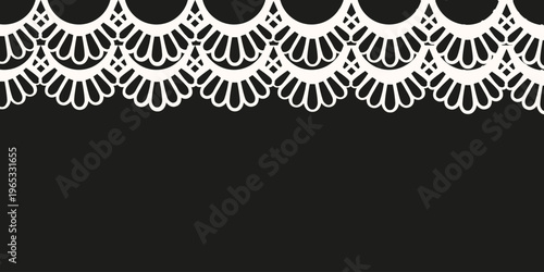White retro Lace Dividers isolated black background with Empty space for text. Hand drawn vintage scallop trim. Coquette Retro Frame for card banner web design border. EPS 10