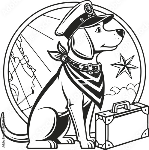 Travel dog, cartoon illustration, vector graphic, black and white