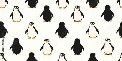 Cute Adelie Penguin Seamless Pattern. Perfect vector trellis with fun hand drawn Penguin Seamless Pattern isolated white background.  Kids bedroom wallpaper textile print design. EPS 10