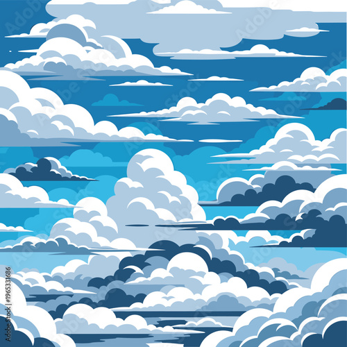 A serene and peaceful illustration of a blue sky with fluffy white clouds, evoking feelings of calmness and tranquility.