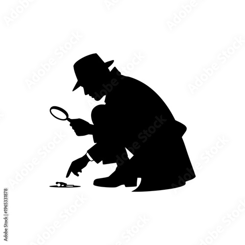 A detective in silhouette crouches down to examine a clue with a magnifying glass